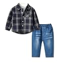 Children Plaid Shirt Lapel Casual Jacket Long Sleeve Bottom Shirt T-Shirt Jeans Suit 3 Piece Set 5-6T