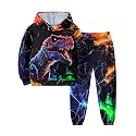 Boys Clothes, T-Rex Print Dinosaur Boy Clothes Fall Winter Outfits Long-sleeved Hooded Sweatshirt Pants 2Pcs Set