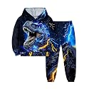 Boys Clothes, T-Rex Print Dinosaur Boy Clothes Fall Winter Outfits Long-sleeved Hooded Sweatshirt Pants 2Pcs Set