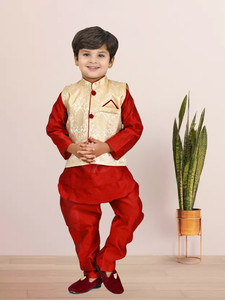 little majesty boys pure cotton dupion silk kurta waistcoat and pyjama set pack of 1