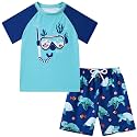 Boys Short Sleeve Rash Guard Swimsuit Set with Swim Trunks for 4-12 Years