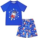 Boys Short Sleeve Rash Guard Swimsuit Set with Swim Trunks for 4-12 Years