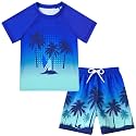 Boys Short Sleeve Rash Guard Swimsuit Set with Swim Trunks for 4-12 Years