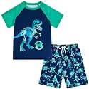 Boys Short Sleeve Rash Guard Swimsuit Set with Swim Trunks for 4-12 Years