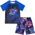 Boys Short Sleeve Rash Guard Swimsuit Set with Swim Trunks for 4-12 Years