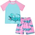 Boys Short Sleeve Rash Guard Swimsuit Set with Swim Trunks for 4-12 Years