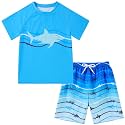 Boys Short Sleeve Rash Guard Swimsuit Set with Swim Trunks for 4-12 Years