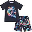 Boys Short Sleeve Rash Guard Swimsuit Set with Swim Trunks for 4-12 Years