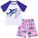 Boys Short Sleeve Rash Guard Swimsuit Set with Swim Trunks for 4-12 Years