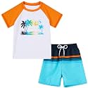 Boys Short Sleeve Rash Guard Swimsuit Set with Swim Trunks for 4-12 Years