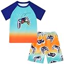 Boys Short Sleeve Rash Guard Swimsuit Set with Swim Trunks for 4-12 Years