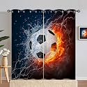 Boys Soccer Curtains W42 x L84 Inch Grommet Sports Theme Water Flame Football Fire Balls Print Pattern Light Filtering Fabric Window Drapes for Kids Bedroom Nursery Baby Playroom 2 Panels