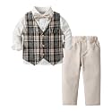 Boys Suit 4 Piece Plaid Double Breasted Vest Dress Shirt Pants Set with Bowtie 12M-8Y