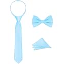 Boys Tie Set, Bow Tie &amp; Pre-Tied Zipper Necktie, Pocket Square