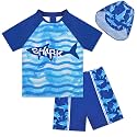 Boys Two Piece Rash Guard Swimsuits Kids Short Sleeve Swimwear Sets Bathing Suit with Sun Hat for 2-6 Years