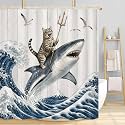 Boziqr Funny Cat Shower Curtain, Cool Cat Shark Ocean Wave Bathroom Decor