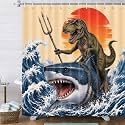 Boziqr Funny Dinosaur Shower Curtain, Cool Dinosaur Shark Ocean Wave Decor Fabric Bathroom Curtains, Fun Animals Fabric Bath Curtain with 12 Hooks 47 X 64 Inch