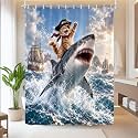 Boziqr Funny Pirate Cat Riding Shark Shower Curtain 60x70 Inch