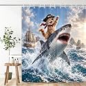 Boziqr Funny Pirate Cat Riding Shark Shower Curtain 70x70 Inch