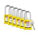 Brady Safety Lockout Padlock Sets - 6 Pack - Yellow - Keyed Alike Safety Lockout Padlocks - 1 Key Per Lock - SDPL-YLW-38ST-KA6