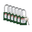Brady Safety Lockout Padlock Sets - 6 Pack - Green - Keyed Alike Safety Lockout Padlocks - 1 Key Per Lock - SDPL-GRN-38ST-KA6