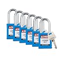Brady Safety Lockout Padlock Sets - 6 Pack - Blue - Keyed Alike Safety Lockout Padlocks - 1 Key Per Lock - SDPL-BLU-38ST-KA6