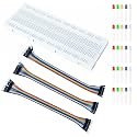 Breadboard 840 points with Jumper wires (10 M to M, 10 M to F, 10 F to F) and 5mm LEDs (Red, Green, Yellow, White, Blue)