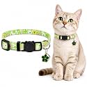 Breakaway Cat Collar with Bell, Adjustable Floral Cat Collar for Cats & Kittens, Green Flower Print Kitten Collar with Flower Charm, Soft Safety Pet Collar for Indoor Outdoor Cats