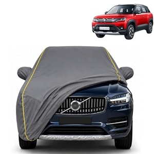 brezza 100 waterproof car cover  dustproof sun protection cover  soft cotton lining  triple stitched  mirror pocket  antenna pocket  all weather body cover grey with yellow piping