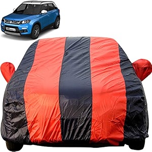 brezza dustproof car cover with mirror pockets red blue stripes taffeta polystertriple stitched compatible with maruti brezza car cover 2016 to 2024 brezza car accessories
