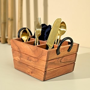 brick brown  premium wooden boat shaped utensils cutlery caddyholder 5 section with handle  spoon stand for kitchen  cutlery holder for dining table  wooden cutlery stand storage organiser