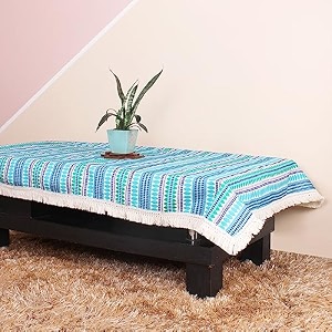 brick home aztec blue woven fabric table cover with lace 54 x 78 inches