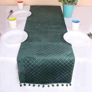 brick home quilted velvet 4 seater table runner with pom pom  13 x 60 inches 