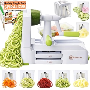 brieftons 7-blade spiralizer strongest-and-heaviest duty vegetable spiral slicer best veggie pasta spaghetti maker for low carbpaleogluten- with blade caddy container lid amp 3 recipe ebooks