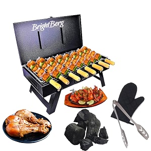 bright berg barbeque tandoori grill with folding stand and 8 skrewer glove tong iron crc seat powder coating body