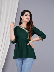 Brijam Casual Embroidered Women Dark Green Top