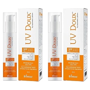 uv doux sunscreen lotion spf 30  indias no1 dermatologist recommended brand  oil-free  mineral uva amp uvb protection  sweat amp water resistant  non-greasy  dry amp sensitive skin  50 ml pack of 2