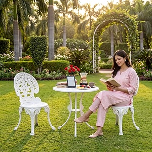 brishi cast aluminium garden patio seating chair and table set for balcony outdoor furniture with 1 table and 2 chair set white