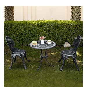 brishi cast aluminium garden patio seating chair and table set for balcony outdoor furniture with 1 table and 2 chair set black