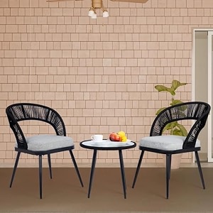 brishi garden patio seating chair and table set outdoor balcony garden coffee table set furniture with 1 table and 2 chairs set with cushion black grey