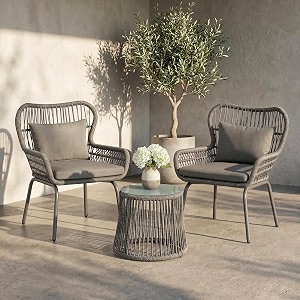 brishi braid amp rope garden patio seating chair and table set outdoor balcony garden coffee table set furniture with 1 table and 2 chairs set with cushion dark gray 61 cm  61 cm  813 cm