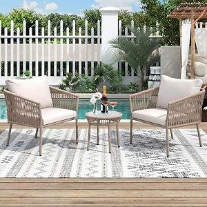 brishi braid amp rope garden patio seating chair and table set outdoor balcony garden coffee table set furniture with 1 table and 2 chairs set with cushion beige and white 61 cm 813 cm