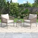 BRISHI Garden Patio Seating Chair and Table Set Outdoor Balcony Garden Coffee Table Set Furniture with 1 Table and 2 Chairs Set with Cushion Braid and Rope (Beige/White)