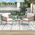 BRISHI Braid &amp; Rope Garden Patio Seating Chair and Table Set Outdoor Balcony Garden Coffee Table Set Furniture with 1 Table and 2 Chairs Set with Cushion (Beige and White), 61 cm, 81.3 cm