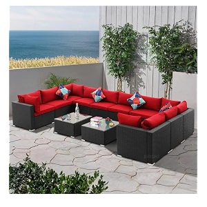 brishi outdoor 10 seater sofa set  balcony sofa  patio furniture sets  indoor sofa  wicker rattan garden sofa set with cushion and center table red-black