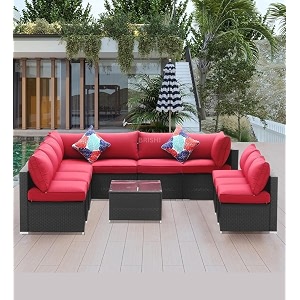 brishi outdoor 10 seater sofa set  balcony sofa  patio furniture sets  indoor sofa  wicker rattan garden sofa set with cushion and center table black-red