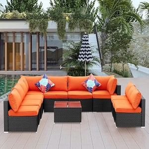 brishi outdoor 10 seater sofa set  balcony sofa  patio furniture sets  indoor sofa  wicker rattan garden sofa set with cushion and center table black-orange