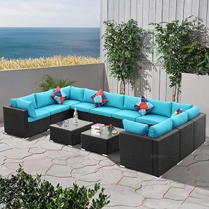 brishi outdoor 10 seater sofa set  balcony sofa  patio furniture sets  indoor sofa  wicker rattan garden sofa set with cushion and center table black- blue