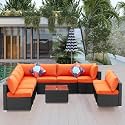 BRISHI Outdoor 10 Seater Sofa Set || Balcony Sofa || Patio Furniture Sets || Indoor Sofa || Wicker Rattan Garden Sofa Set with Cushion and Center Table (Black-Orange)