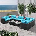 BRISHI Outdoor 10 Seater Sofa Set || Balcony Sofa || Patio Furniture Sets || Indoor Sofa || Wicker Rattan Garden Sofa Set with Cushion and Center Table (Black- Blue)